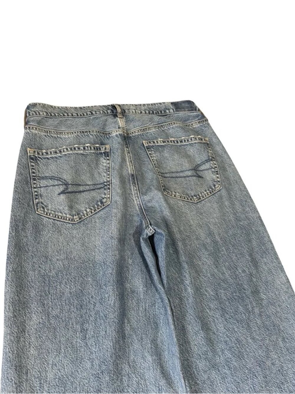 American Eagle Super High Rise Baggy Wide Leg Jeans 12 L | Distressed Raw Hem - Picture 4 of 8